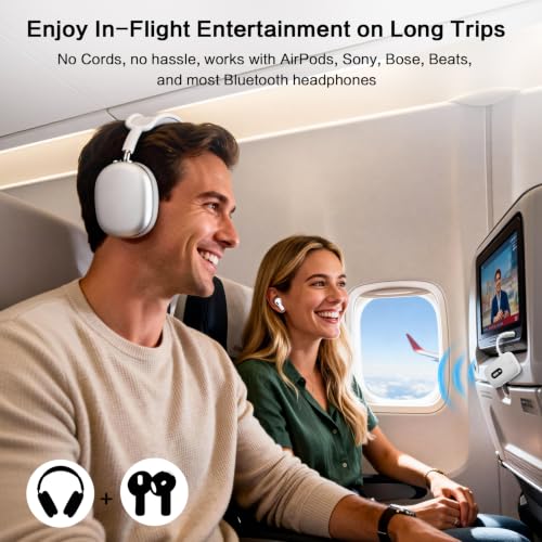 SIMOLIO Bluetooth Transmitter for Airplane, 20 Hr Battery, Supports 2 Earbuds/Wireless Headphones, 3.5mm AUX Wireless Audio Transmitter for TV, Gym Equipment, Controller, MP3 Player - color: White