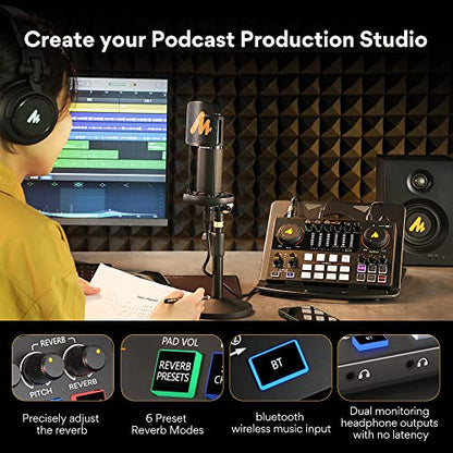 MAONO AME2A Podcast Equipment Bundle, Audio Interface and XLR Condenser Mic | 48V phantom power, Bluetooth, 11 custom sound pads, podcast recording, YouTube/TikTok live streaming, PC and home creators