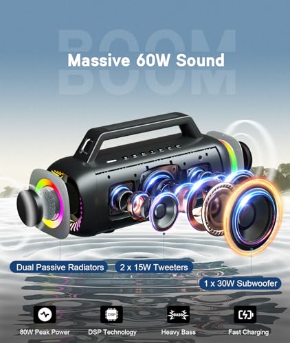 Ortizan 80W Speakers Bluetooth Wireless Loud with Bass, Waterproof, Black | IPX7, 24H Playtime, Bluetooth 5.3, TWS Pairing, Large Outdoor Speaker with Lights, Portable for Garage, Camping and Beach