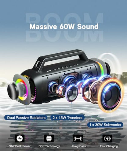 Ortizan 80W Speakers Bluetooth Wireless Loud with Bass, Waterproof, Black | IPX7, 24H Playtime, Bluetooth 5.3, TWS Pairing, Large Outdoor Speaker with Lights, Portable for Garage, Camping and Beach
