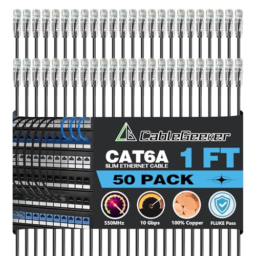 CableGeeker Cat 6A Slim Ethernet Patch Cables, 1 ft, 50-Pack, Black | 28AWG Pure Copper, 10Gbps/550MHz, Snagless Gold-Plated RJ45, Ultra-Thin Flexible Design for Switches, Patch Panels, and Racks - color: Black-Slim, size: 1ft, style: 50 Pack