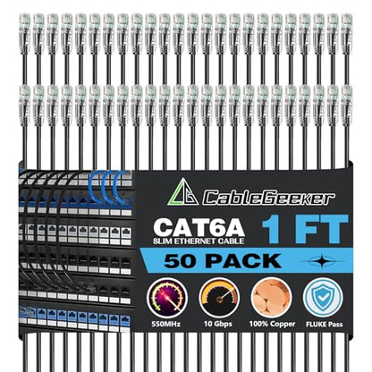 CableGeeker Cat 6A Slim Ethernet Patch Cables, 1 ft, 50-Pack, Black | 28AWG Pure Copper, 10Gbps/550MHz, Snagless Gold-Plated RJ45, Ultra-Thin Flexible Design for Switches, Patch Panels, and Racks - color: Black-Slim, size: 1ft, style: 50 Pack