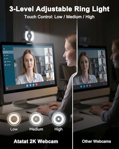 Atatat 2K Webcam for PC with Light, Microphone, Privacy Cover | Autofocus Web Camera for Desktop/Laptop/Monitor/Mac, Computer Camera for Zoom/Skype/Teams/Video Calling/Meeting