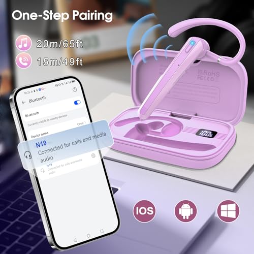 Bluetooth Headset V5.3, Wireless Headset with ENC Noise Canceling Mic | 120Hrs Talk Single-Ear Bluetooth Earpiece, LED Display, IP7 Waterproof Hand-Free Earphone for Business/Trucker, Purple - color: Purple