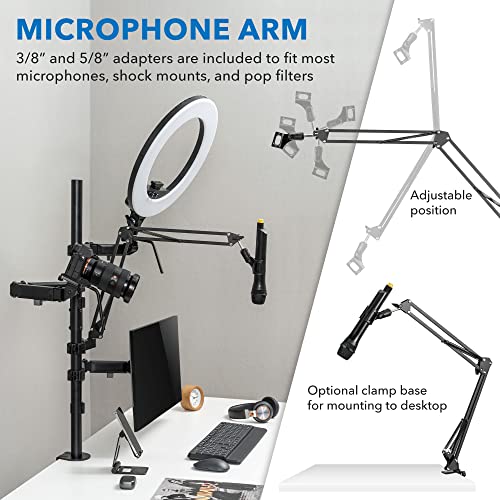 Mount-It! All-in-One Streaming Desk Mount – 4 Arm Setup for Monitor, Camera, Ring Light & Mic – Live Stream Equipment for YouTube, Podcast, Gaming, Zoom – VESA Compatible, Clamp/Grommet Base - size: 4 arm