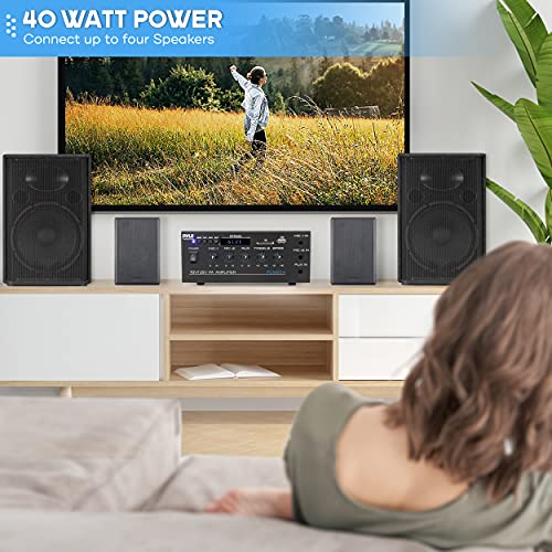 Pyle Compact Mini Home Power Amplifier - 40W Smart Small Audio Stereo Receiver w/AUX, 2 Microphone in, COM/8-Ohm/25V/70V Speakers, LED, Input Selector, for PA, Amplified Speaker Sound System PCM20A.5 | COM/8-Ohm/25V/70V Connect, LED Display - PCM20A.5 - s