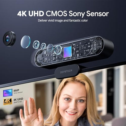 DEPSTECH 4K Webcam, Ultra HD 1/2.55'' Sony Sensor 3X Digital Zoom Autofocus | Dual Noise-Canceling Microphones, Remote Control, 80° FOV, Streaming Webcam for PC Mac Laptop Video Call Zoom Skype Teams