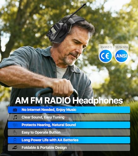 Digital AM FM Radio Headphones, Hearing Protection Earmuff for Adult, 30dB SNR for Mowing, Construction, Chainsaw - color: Am Fm Radio + Battery + Black