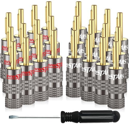 Banana Plugs for Speaker Wire, (12 Pairs, 24 Pcs), 24K Gold Plated Connectors, Spring Pin Plug Closed Screw Design, Banana Pins (Support 12 AWG to 20 AWG Wires), Come with 1Pcs Screwdriver - size: 12 Pairs / 24 Pcs, style: Spring Pin Banana Plugs