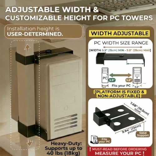 Under Desk PC Mount & CPU Holder, No-Drill Clamp-On Stand for Standing Desk (Fits 65x45mm Square Legs), Adjustable Steel Computer Tower Holder, Heavy-Duty 40lbs/18kg, Black - size: 65X45mm