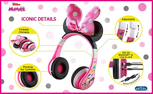 eKids Minnie Mouse Kids Bluetooth Headphones, Wireless with Microphone Includes Aux Cord, Volume Reduced Foldable Headphones for School, Home, or Travel, Pink | Reduced Volume and Built-in Microphone
