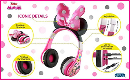 eKids Minnie Mouse Kids Bluetooth Headphones, Wireless with Microphone Includes Aux Cord, Volume Reduced Foldable Headphones for School, Home, or Travel, Pink | Reduced Volume and Built-in Microphone