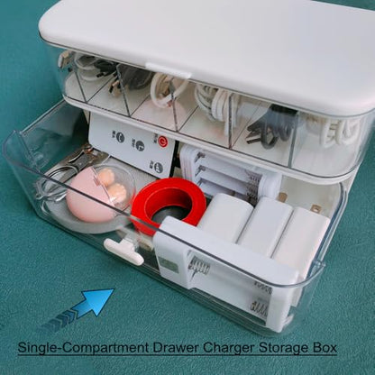 2 Pack Charger Cable Cord Storage Organizer Box, Plastic Flip-Top Cable Organizer Box and Drawer Charger Storage Box, USB Cable/Charger Organizer Boxes, Stackable Plastic Case