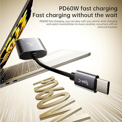 USB‑C to 3.5 mm Headphone & Charger Adapter – 60 W PD Fast Charging, Hi‑Res DAC, Call‑Ready, Compact Aluminium Splitter for Phone/Android/Tablet