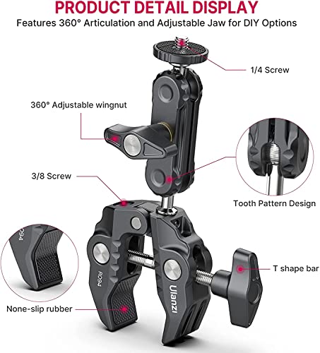 ULANZI Super Clamp Camera Clamp Mount Monitor 360° Ballhead Magic Arm Double Ball Head Adapter with 1/4"-20 & 3/8"-16 Thread for Canon Nikon DSLR Camera/Gopro/LED Lights/Ronin-M/Ronin MX/Freefly MOVI | Ball Head Adapter with 1/4"-20 & 3/8"-16 Thread for C