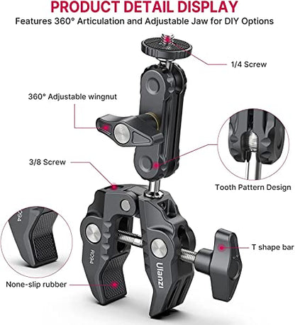 ULANZI Super Clamp Camera Clamp Mount Monitor 360° Ballhead Magic Arm Double Ball Head Adapter with 1/4"-20 & 3/8"-16 Thread for Canon Nikon DSLR Camera/Gopro/LED Lights/Ronin-M/Ronin MX/Freefly MOVI | Ball Head Adapter with 1/4"-20 & 3/8"-16 Thread for C