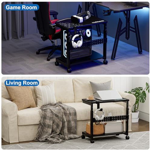 Height Adjustable Computer Tower Stand, 2-Tier ATX-Case CPU Holder with Mouse Pad & Headphone Stand, Mobile PC Standing Under Desk, Home Office Gaming Accessories, Computer Cart Wheels, Black - color: Black