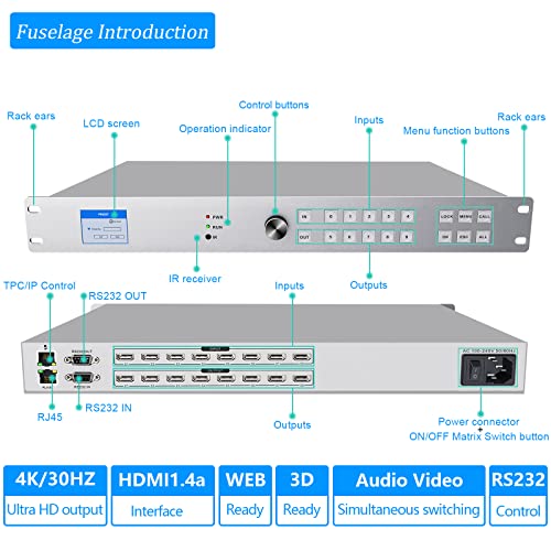ICUIXIAN 4K 8x8 HDMI Matrix Switch 4K@30Hz Web GUI+LAN Port+Rs232 Control | Rackmount HDMI Matrix 8x8, HDCP, EDID, 3D, APP, Backlit Button,Screen display, 3.5mm Audio (8 Input 8 Output Matrix Splitter)