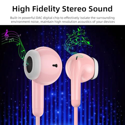 Wired Earbuds Headphones for Chromebook ThinkPad Laptops,3.5mm Plug | Noise Cancelling Ear Buds with Microphone,3,5mm Jack Earphones for Kindle Fire Tablet/Samsung A14 A15/Switch PC School - color: Pink
