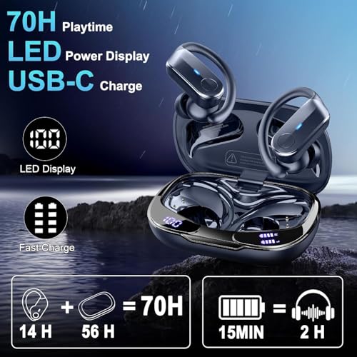 Wireless Earbuds, Sports Bluetooth 5.4 Headphones IPX8 Waterproof, 70H Over Ear Buds with Deep Bass Sound,4 ENC Noise Cancelling Mics, USB-C Fast Charging Earphones with Earhooks for Workout/Running - color: Deep Blue