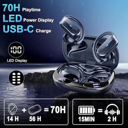 Wireless Earbuds, Sports Bluetooth 5.4 Headphones IPX8 Waterproof, 70H Over Ear Buds with Deep Bass Sound,4 ENC Noise Cancelling Mics, USB-C Fast Charging Earphones with Earhooks for Workout/Running - color: Deep Blue