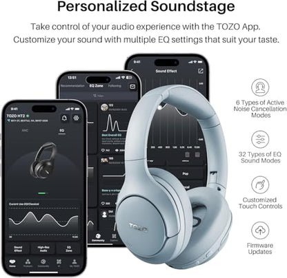 TOZO Hybrid Active Noise Cancelling Headphones, Hi Res Audio | Wireless Over Ear Bluetooth Headset, 60H Playtime, Custom EQ via App Deep Bass Comfort Fit Ear Cups, for Home Office Travel - color: Blue