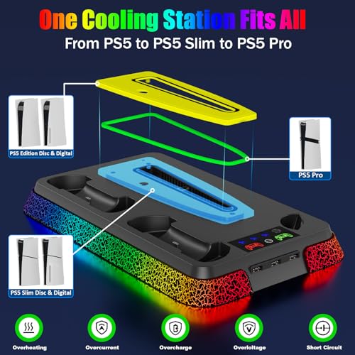 PS5 Stand and Cooling Station with RGB Light, Controller Charging Station, 3-Speed Cooling Fan, Multi-Functional Accessories Kit Compatible with PlayStation 5, PS5 Pro Console - color: Boom-black