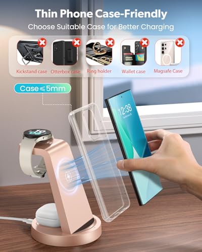 Wireless Charger for Samsung: 3 in 1 Wireless Charging Station | for Samsung Galaxy Watch 8 7 6 5 4 3 Pro S26 S25 S24 S23 S22 Ultra Z Fold Android, 18W adapter, Idea for Home Office Travel - color: Rose Gold