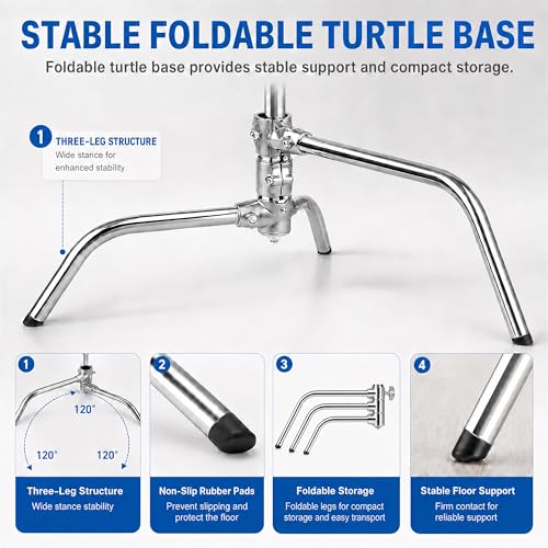 C Stand with Boom Arm, 6.9ft/210cm, 88cm Extension Arm | Heavy Duty Stainless Steel, Turtle Base, 2 Grip Heads, Buffer Spring, For Softbox, Reflector, Strobe - size: 210cm 1 Pack