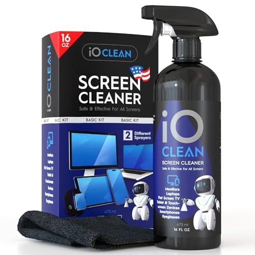 iO CLEAN Screen Cleaner Spray (16oz - 473ml) – Best Large Cleaning Kit | for LCD, LED & OLED TV, Smartphone, iPad, Laptop, Touchscreen, Computer Monitor, Microfiber Cloth Wipes & 2 Nozzles - size: 16.9 Fl Oz (Pack of 1)