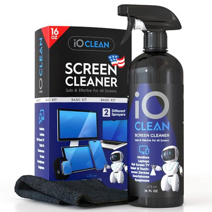 iO CLEAN Screen Cleaner Spray (16oz - 473ml) – Best Large Cleaning Kit | for LCD, LED & OLED TV, Smartphone, iPad, Laptop, Touchscreen, Computer Monitor, Microfiber Cloth Wipes & 2 Nozzles - size: 16.9 Fl Oz (Pack of 1)