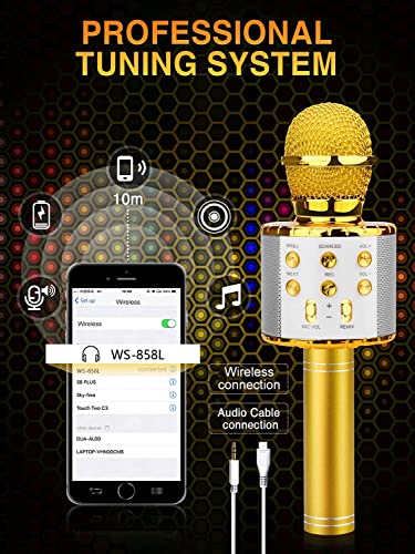 BlueFire 4 in 1 Karaoke Wireless Microphone with LED Lights, Portable Microphone for Kids, Great Gifts Toys for Kids, Girls, Boys and Adults (Gold) - color: gold