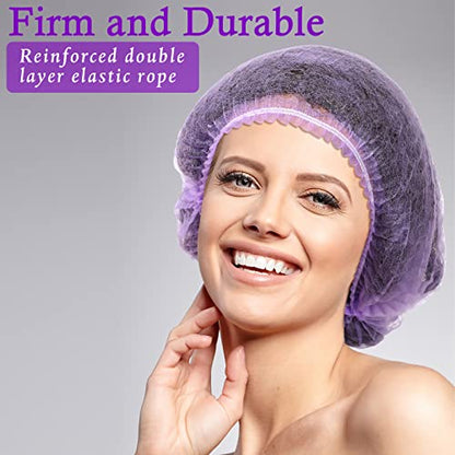 100 Pcs Disposable Nonwoven Bouffant Caps 21 Inch Hair Net Elastic Cap Hair Cover Hats for Beauty Salon Hospital Spa Catering Dust-free Workspace(Purple) - color: Purple