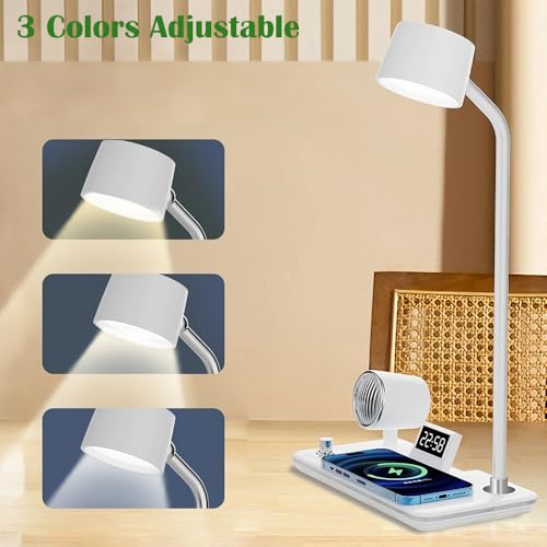 IHAO Smart LED Desk Lamp with Wireless Charger & Bluetooth Speaker, 15W Fast Charging Station for Phone & Earbuds Touch Control 3 Light Modes Alarm Clock Adjustable Eye-CareTable Lamp-HYT1772 White - color: Table Lamp 4in1 with bluetooth speaker HYT1772 W