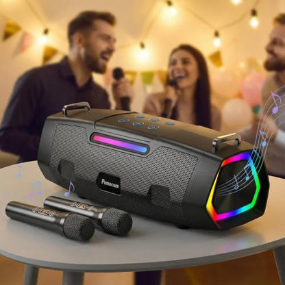 60W Clear Powerful Karaoke Machine: Portable 2 Wireless UHF Microphones | 6-12H Long Runtime Karaoke Speaker for All Home Party & Events 10s 5.3 Bluetooth Fast Pairing & 50ft Stable Connection