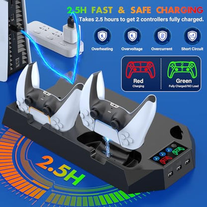 PS5/Slim/Pro Cooling Station with Controller Charging Station for PlayStation 5 Slim/Pro Console, PS5 Cooling Stand Cooler Accessories Incl Cooling Fan, 3 USB Hubs, Headset Holder, Screw - Black - color: Black