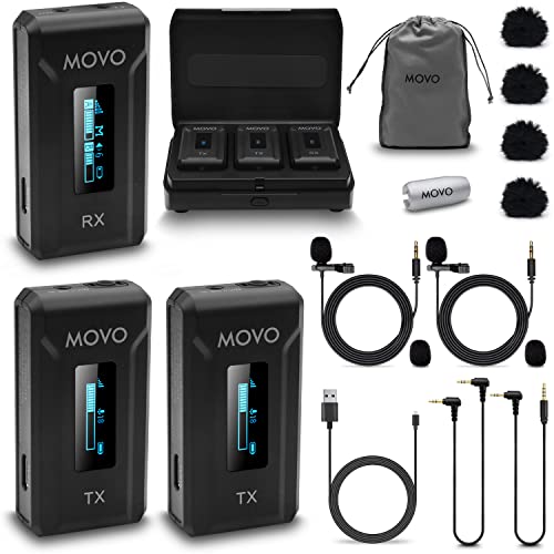 Movo WMX-2-DUO Wireless Camera Microphone Lapel Mic with Charging Case - Lav Mic, Wireless Lapel Microphone 2.4GHz Lavalier, Lav Mic for Vlogging, DSLR, Computer - style: 2 Transmitters