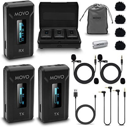 Movo WMX-2-DUO Wireless Camera Microphone Lapel Mic with Charging Case - Lav Mic, Wireless Lapel Microphone 2.4GHz Lavalier, Lav Mic for Vlogging, DSLR, Computer - style: 2 Transmitters