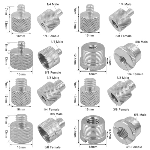 8 Pcs Mic Stand Adapter Mic Thread Adapter Set, 5/8 Female to 3/8 Male and 3/8 Female to 5/8 Male, 1/4 Female to 5/8 Male and 3/8 Female to 1/4 Male, 8 Different Screw Adapters for Microphone, Silver - color: Silver