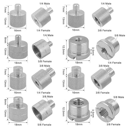 8 Pcs Mic Stand Adapter Mic Thread Adapter Set, 5/8 Female to 3/8 Male and 3/8 Female to 5/8 Male, 1/4 Female to 5/8 Male and 3/8 Female to 1/4 Male, 8 Different Screw Adapters for Microphone, Silver - color: Silver