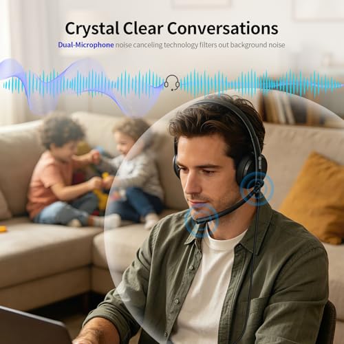 TOALLIN Wired Headset with Noise Canceling Mic, USB Stereo Headphones | Volume Control, One-key Mute & Answer Calls, Work with PC Laptop, Mac, Phone, Call Center and Office
