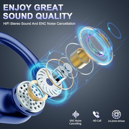 Ltinist Wireless Earbuds, 75hrs Bluetooth 5.4 Headphone Sport, Bluetooth Earbuds Deep Bass Over Ear Buds with Earhooks, ENC Noise Cancelling Earphone Mic, IP7 Waterproof for Workout/Running/Gym Blue - color: Dark blue