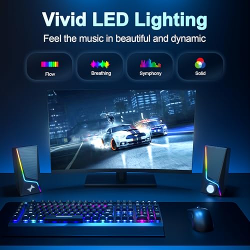 Nylavee Computer Speakers with Subwoofer, 2.1 Hi-Fi PC Speakers System with 6 Lighting Modes, Enhanced Bass, Plug and Play, USB/USB-C Powered and 3.5mm Aux in for Desktop, Monitor, Laptop, Tablet