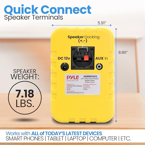 Pyle 500 Watt Bluetooth Indoor Outdoor Speakers Pair - Dual Waterproof 5.25” 2-Way Full Range Speaker System w/ 1/2” High Compliance Polymer Tweeter |Home, Boat, Marine, Deck, Patio, Poolside (Yellow) - color: Yellow
