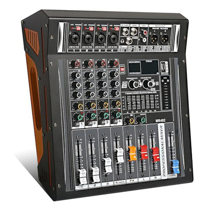 Audio Mixer 4 Channel, DJ Mixer with Power Amplifier, Audio Sound Card with 48V Phantom Power, Usb Audio Interface, Sounds Mixer Board with 99 DSP FX Reverb Delay Effect for Streaming