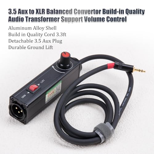 AUX to XLR Isolation Box for Laptops Computer to Audio Solution | with Volume Controller,1M Cable,Ground Loop Noise Filter 3.5mm,Signal Uonversion Unbalanced 3.5mm TRS to Balanced 3pin XLR