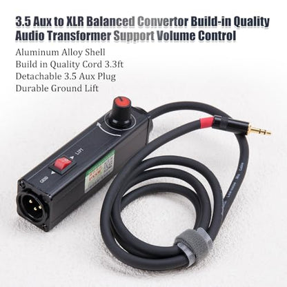AUX to XLR Isolation Box for Laptops Computer to Audio Solution | with Volume Controller,1M Cable,Ground Loop Noise Filter 3.5mm,Signal Uonversion Unbalanced 3.5mm TRS to Balanced 3pin XLR