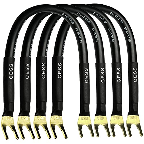 CNCESS Large Fork Speaker Cable Jumpers, 8 Inches | Fork Spade Plug To Spade Plug, 4 Pack, Premium, 8 Gauge