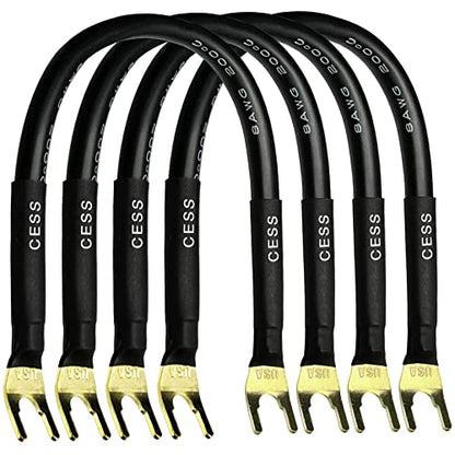 CNCESS Large Fork Speaker Cable Jumpers, 8 Inches | Fork Spade Plug To Spade Plug, 4 Pack, Premium, 8 Gauge