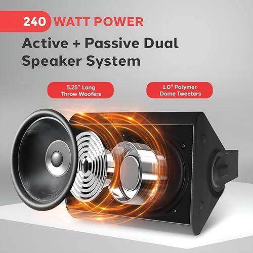 Pyle Waterproof Wall Mount Speaker System - 5.25 Inch Active + Passive Pair Wireless Bluetooth Compatible Indoor/Outdoor Stereo Sound Set with AUX IN - Pyle PDWR52BTBK (Black) - color: Black